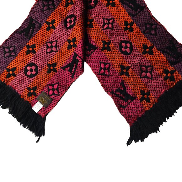 Louis Vuitton LV Black Pink Orange Multi-color Shine Monogram Logomania Scarf - Picture 7 of 8